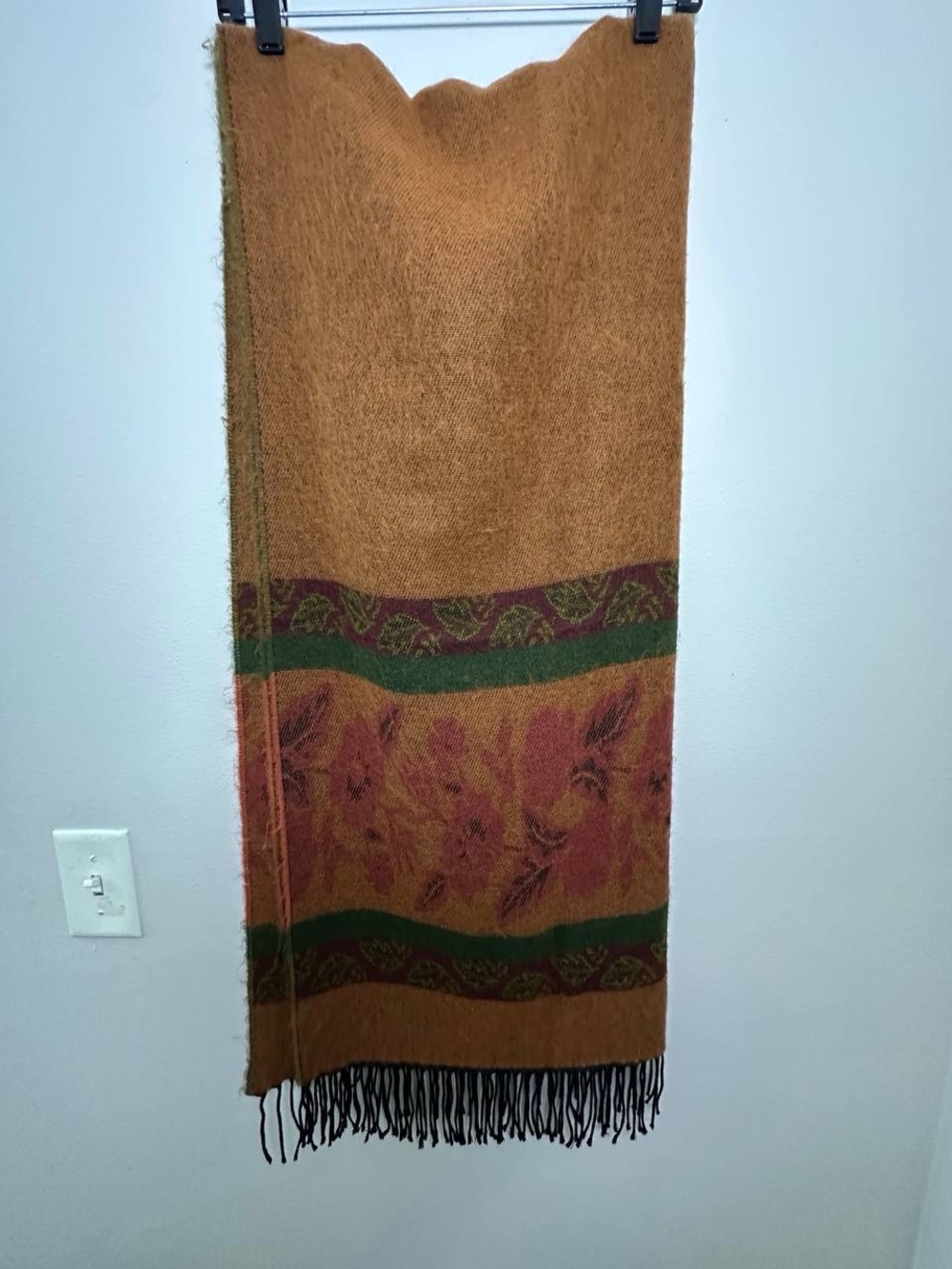 Rust Floral Border Wool Blend Scarf Wrap with Green Accents